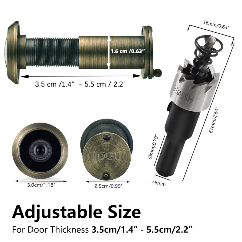 TOGU 220-degree Solid Brass Peep Holes for Door with 16mm Drill Bit  0.63 inch Door Peephole with Privacy  Compatible with Door Thick from 1-3/8"" to 2-1/6""  Antique Bronze Finish - Image 3
